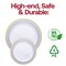 White with Blue and Gold Chord Rim Plastic Dinnerware Value Set (120 Guests)